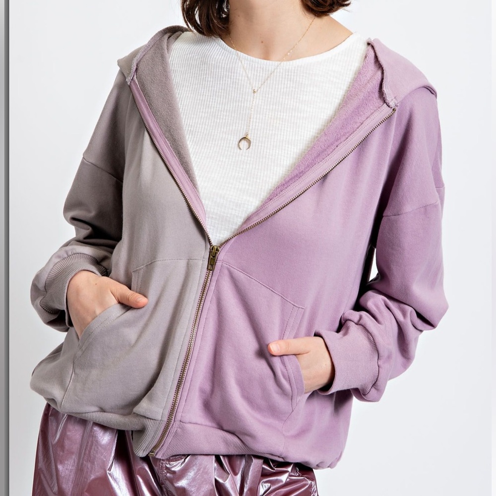 EASEL DUSTY LAVENDER COLOR BLOCK ZIP UP HOODIE JACKET - Picture 3 of 3
